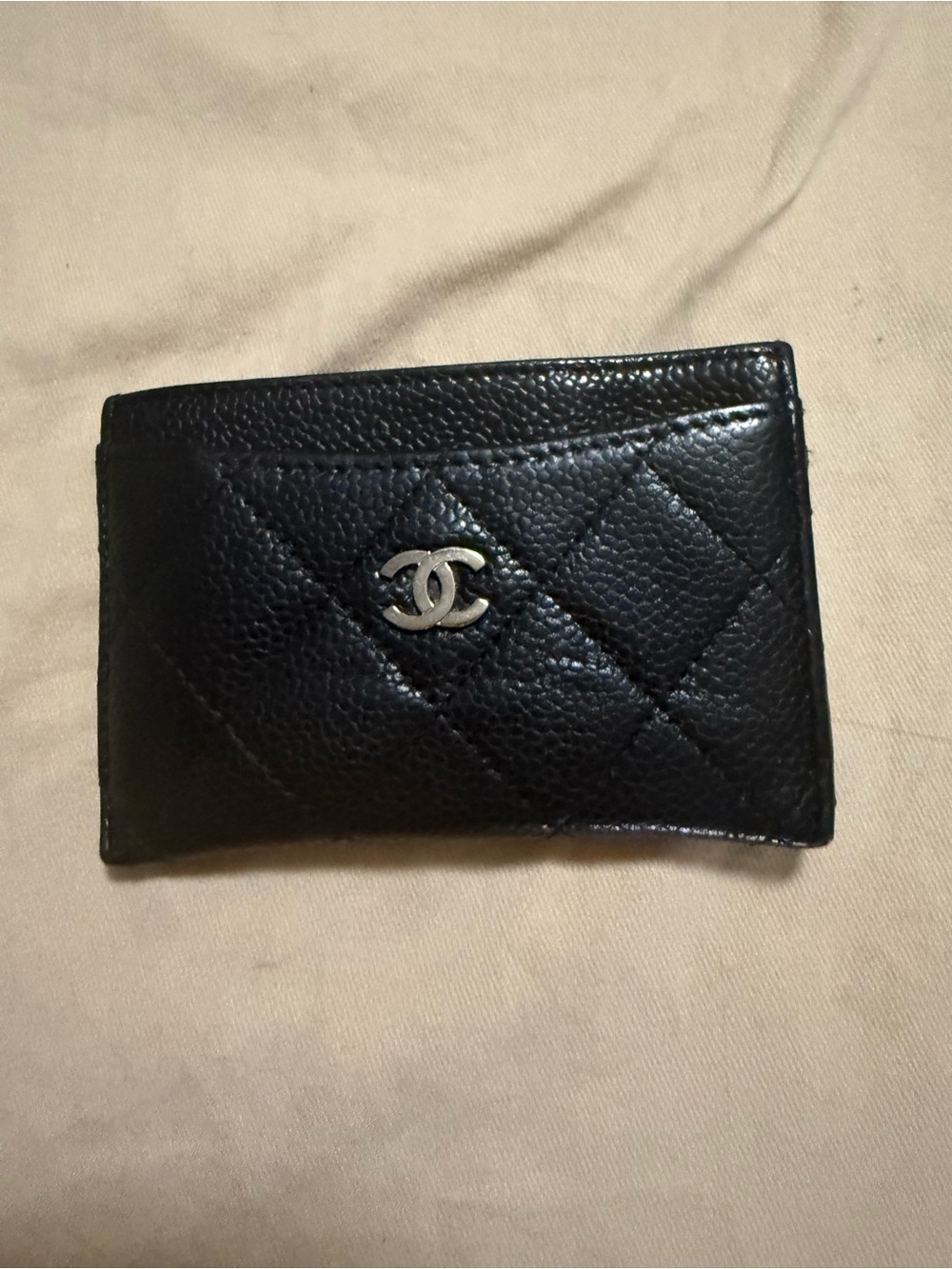 CHANEL Black Quilted Caviar Leather Card & Key Holder with Silver CC